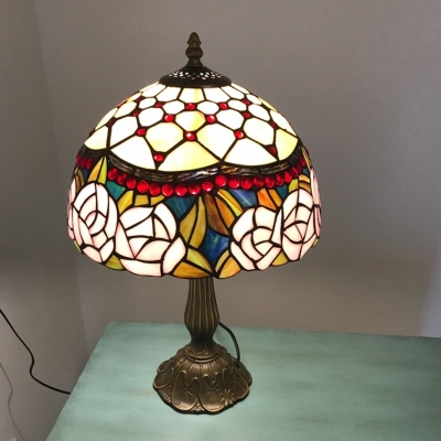 Bronze 1 Light Night Table Light Tiffany Stained Glass Dome Rose Patterned Desk Lamp