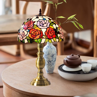 Brushed Brass 1-Light Table Lamp Tiffany Stained Glass Rosebush Night Light for Parlor