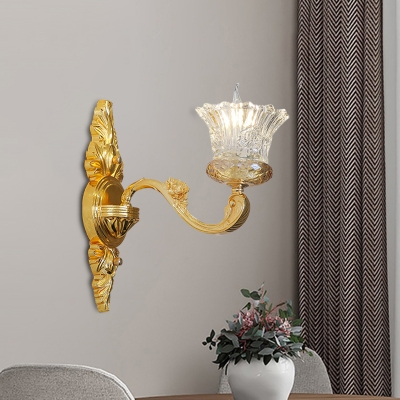 Carved Glass Blooming Wall Sconce Vintage 1 Head Living Room Wall Mount Fixture in Gold