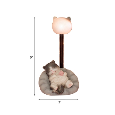 Cat in Sweet Dream Bedside Table Lamp Resin Cartoon Mini LED Nightstand Light in Dark/Light Grey