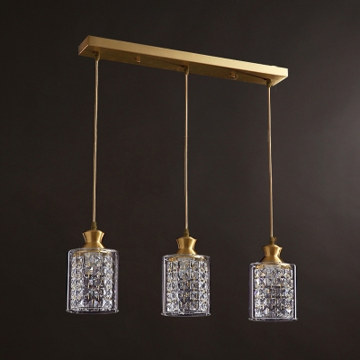 Clear Glass Cylinder Multi Pendant Modernist 3 Heads Pendulum Light in Gold with Inner Crystal Deco