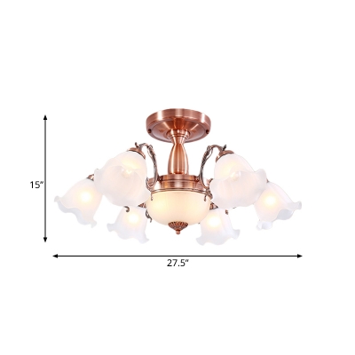 Copper 3/5/8 Bulbs Semi Flush Classic Opal Glass Blossom Flush Mount Lighting Fixture for Bedroom