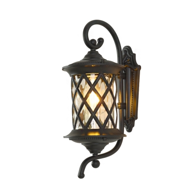 Cottage Lattice Cylinder Wall Lamp 1 Light Clear Glass Wall Light Fixture in Black with Curvy Arm