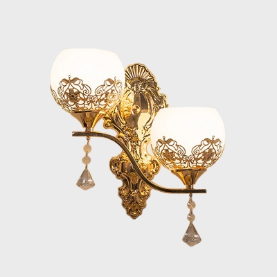 Cream Glass Gold Sconce Lighting Half-Sphere 2 Bulbs Retro Wall Mounted Light Fixture with Flower Pattern