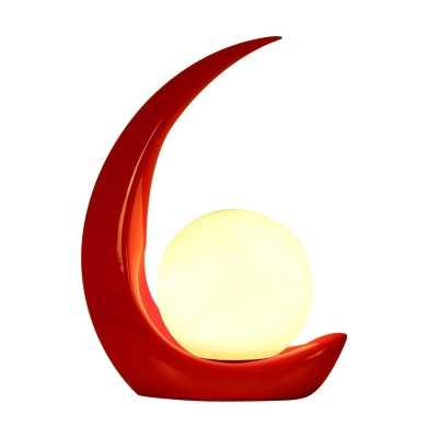 Creative Modern Crescent Night Light Resin 1 Bulb Bedside Table Lamp in Red with Ball Milk Glass Shade