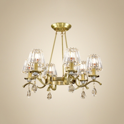 Crystal Block Gold Ceiling Chandelier with Ring Design Conical 6 Lights Traditional Pendulum Lamp