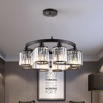 Crystal Prism Scroll Pendant Chandelier Modernism 6/8-Bulb Bedroom Suspension Light in Black