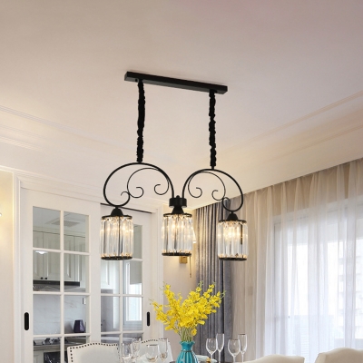 Cylinder Prismatic Crystal Island Pendant Contemporary 3 Lights Restaurant Hanging Lamp with Scroll Wire Top in Black