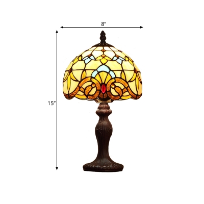 Dark Brown Dome Night Table Lamp Mediterranean 1 Light Stained Glass Flower Patterned Desk Lighting