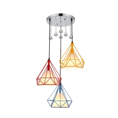 Diamond Iron Cluster Pendant Simple 3 Lights Restaurant Crystal Ceiling Lamp in Red-Yellow-Blue