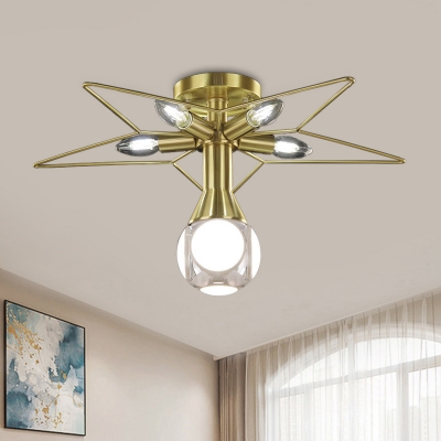 Disco Ball Shape Ceiling Flush Creative Metal 6 Heads Brass-White/Red Semi Flush Light Fixture with Wire Star Top