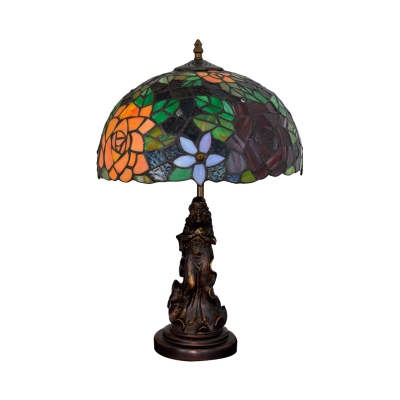 Dome Stained Art Glass Table Lamp Mediterranean 1-Light Red/Orange Rose Patterned Nightstand Lighting