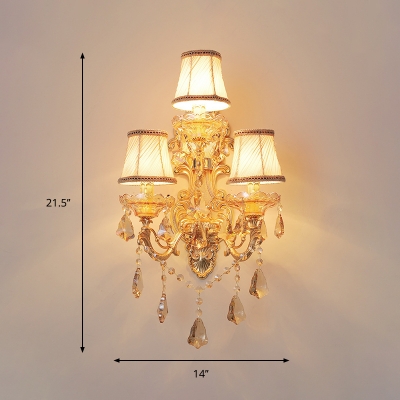 Fabric Flared Wall Light Fixture Traditional 3 Bulbs Bedroom Wall Sconce in Gold with Crystal Drop