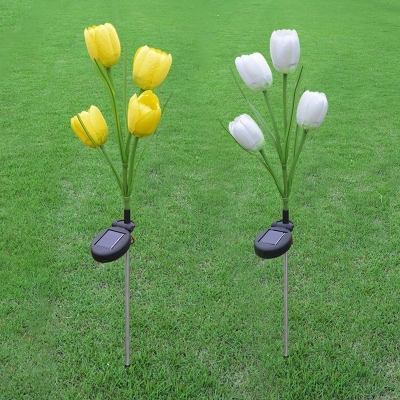 Fabric Tulip Flower Solar Ground Light Nordic 4-Head Yellow-White/White/Yellow LED Stake Lights for Garden, 2 Packs