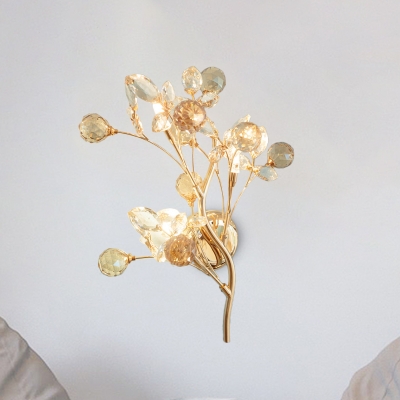 Faceted Crystal Gold Wall Lamp Foliage 3-Light Modernist Wall Mounted Light Fixture
