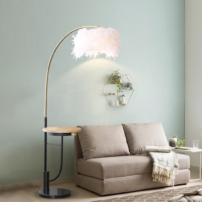 Feather Drum Reading Floor Lamp Modern 1-Light White Floor Light with Wood Shelf and Arched Arm