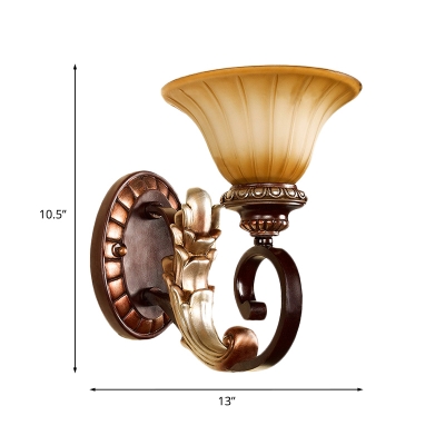 Flared Bedroom Wall Sconce Classic Style Frosted Ribbed Glass 1 Light Bronze Finish Wall Mount Lamp with Round Resin Backplate