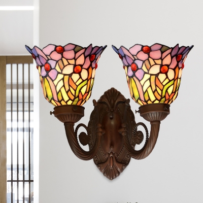 Flared Wall Mount Light 2 Bulbs Blue/Pink Glass Tiffany Sconce Lamp with Flower/Leaf Pattern