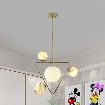 Globe Glass Orb Ceiling Chandelier Modernism 4 Bulbs LED Hanging Light Kit with Gold Triangle Frame