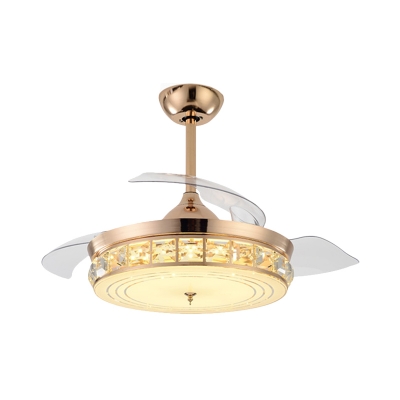 Gold Drum Shape Hanging Fan Light Minimalist Crystal Block LED Semi Mount Lighting with 4 Blades, 19.5