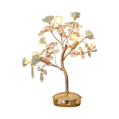 Green Flower Table Lamp Pastoral Ceramic 3 Bulbs Bedroom Night Light with Crystal Accent