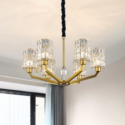 Grid Cylinder Crystal Chandelier Postmodern 6 Lights Bedroom Hanging Light Fixture in Gold