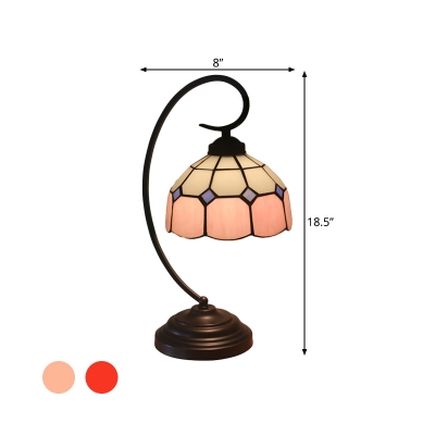 Hand Cut Glass Red/Pink Table Lamp Dome 1 Light Tiffany Style Grid Patterned Night Lighting with Curved Arm