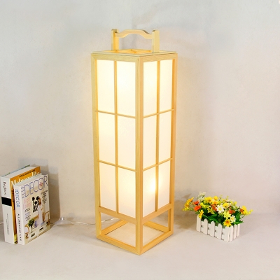 Japanese Gridded Cuboid Floor Light Wooden 1-Light Bedroom Stand Up Lamp with Handle in Beige
