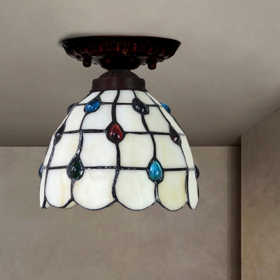 Jeweled Bell/Globe Flush Light Tiffany Gridded Glass 1 Bulb Beige Close to Ceiling Lamp