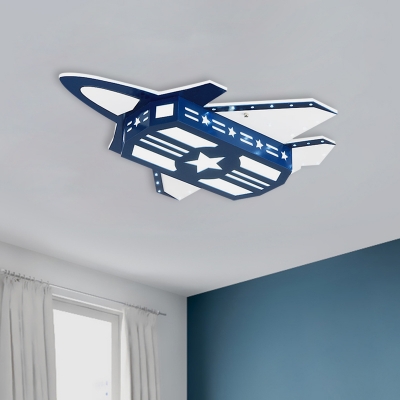 Kids Plane Wooden Flush Mount Light LED Close to Ceiling Lighting Fixture in Blue for Child Bedroom