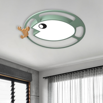 Kids Style Fish and Shrimp Flush Light Acrylic Bedroom LED Ceiling Mount Fixture in Grey/White/Green and Wood