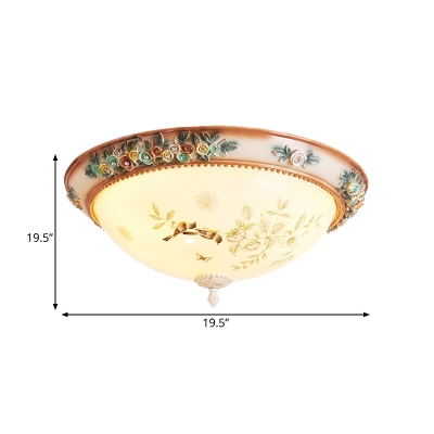 Korean Garden Dome Flush Light 3/4 Bulbs White Glass Ceiling Lamp with Flower and Bird Pattern