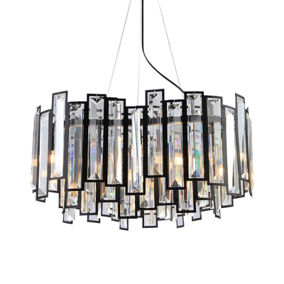 Layered Crystal Rectangle Chandelier Modern 6 Heads Dining Table Suspension Pendant Light in Black