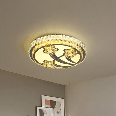 LED Round Flush Ceiling Light Modern White Faceted Crystal Flush Mount with Star Design