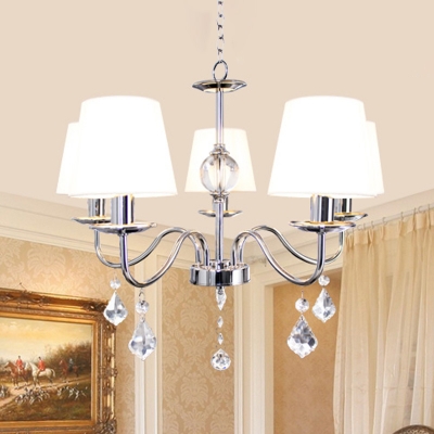 Modernism Curved Arm Pendant Lamp 5 Heads Metallic Candle Chandelier Lighting in Chrome with White Fabric Shade