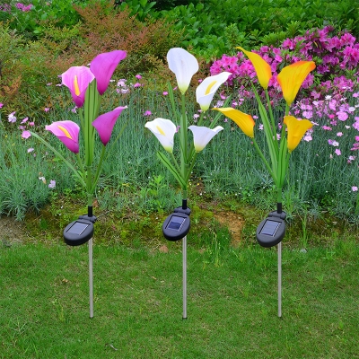 Modernist 4 Bulbs LED Stake Light Fixture Purple-White/Yellow Calla Lily Solar Ground Lamp with Fabric Shade, Pack of 3