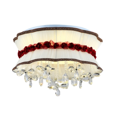 Modernist Blossom Ceiling Mounted Light Fabric LED Bedroom Flush Lamp Fixture in Beige with Floral Crystal Droplet