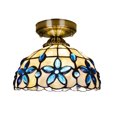 Natural Shell Brass Ceiling Fixture Flower Bowl 1-Light Mediterranean Flush Mounted Light, 5