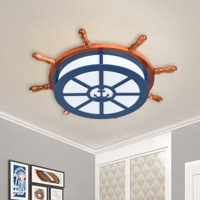 Nautical Rudder Flush Ceiling Light Wood Kids Dorm LED Flushmount Lamp in Blue with Parchment Shade