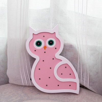 Night Owl Child Bedside Mini Wall Light Wooden Cartoon LED Nightstand Lamp in Pink/Blue