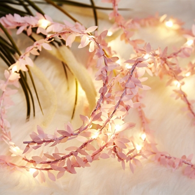 Pack of 2 Fabric Leafy String Lamp Nordic 16.4 Ft Battery/USB Operated LED Fairy Lights in Pink/Green for Christmas Decoration