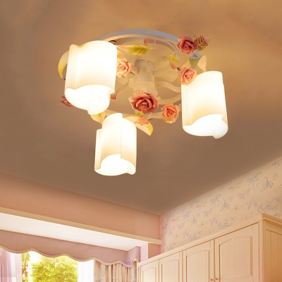 Pastoral Style Scalloped Semi Flush 3/5-Head Opal Glass Flush Mount with Rose Decor in White/Yellow