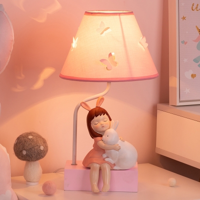 Pink Resin Nightstand Lamp Girl Hug The Rabbit Statue 1 Head Pastoral Night Light with Cone Shade for Girl Bedroom