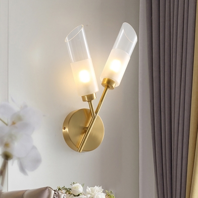 Postmodern 2-Head Wall Light Kit Brass Angle-Cut Tube Sconce Lighting with Clear Glass Shade
