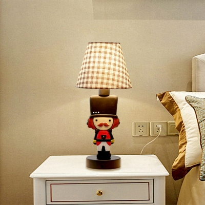 Resin Royal Soldier Table Lamp Kids 1 Head Brown Nightstand Light with Cone Tartan Fabric Shade