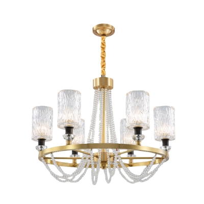 Ripple Glass Gold Ceiling Chandelier Cylindrical 6 Bulbs Luxury Hanging Lamp with Crystal Strand