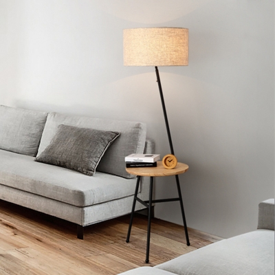 Round Shade Standing Floor Light Modern Fabric Single Flaxen Standing Lamp with Wood Table
