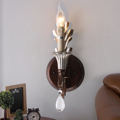 Rust 1 Bulb Wall Lighting Vintage Iron Candlestick Wall Sconce with Crystal Accent