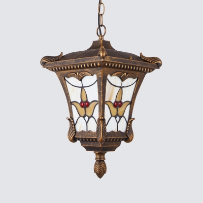Rust/Bronze Lantern Pendant Countryside Frosted Glass 1-Light Courtyard Drop Lamp with Lily Pattern