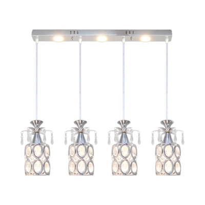 Silver Cylinder Suspension Lamp Modernism 4-Bulb Crystal Multi Pendant Light Fixture for Dining Room